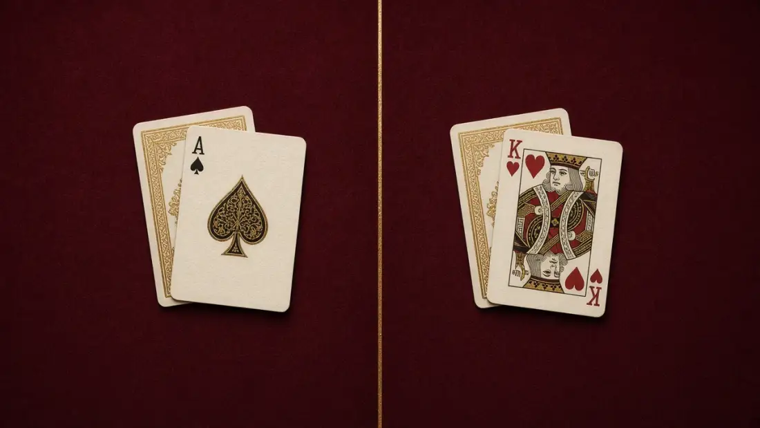 ไพ่สองชุดบนผ้าแดงเลือดนก คั่นด้วยเส้นทอง ใช้แยกภาพของ Player Hand กับ Banker Hand